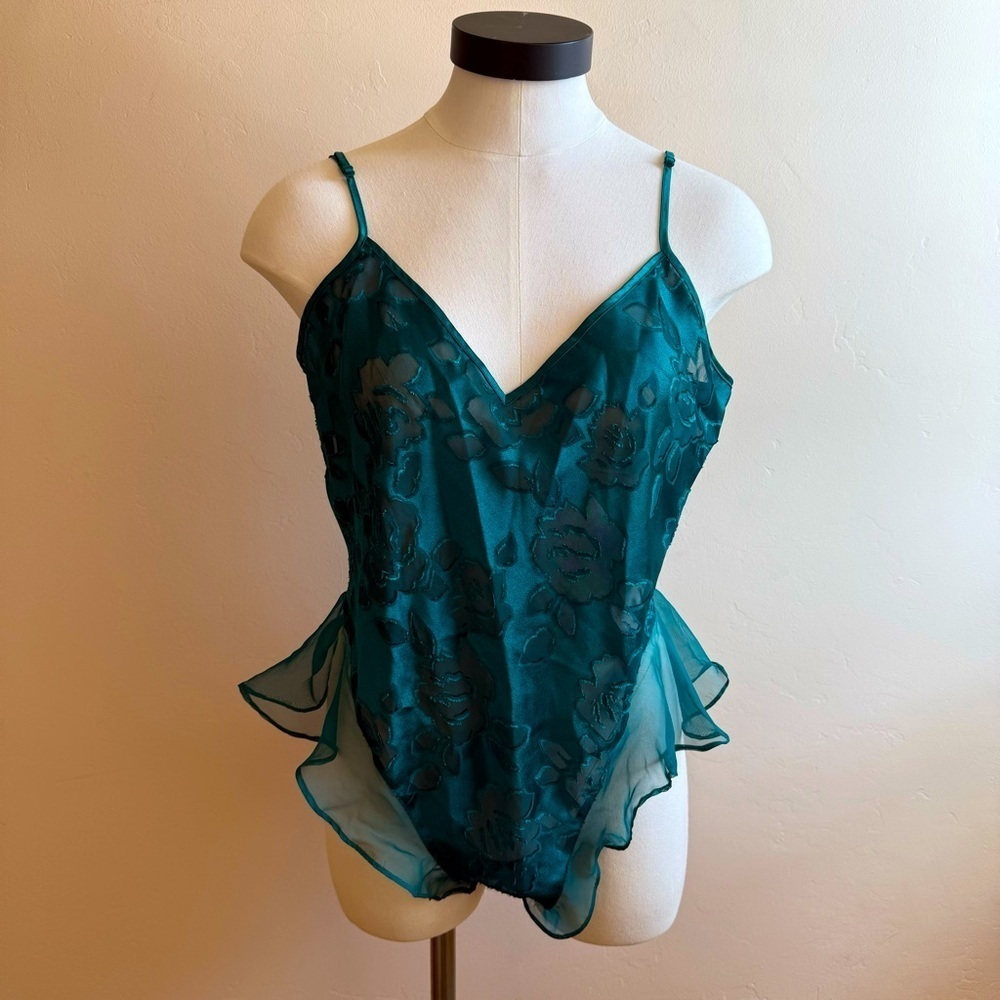 Vtg Victoria’s Secret Gold Label Satin Bodysuit Emerald Green Floral Ruffle L